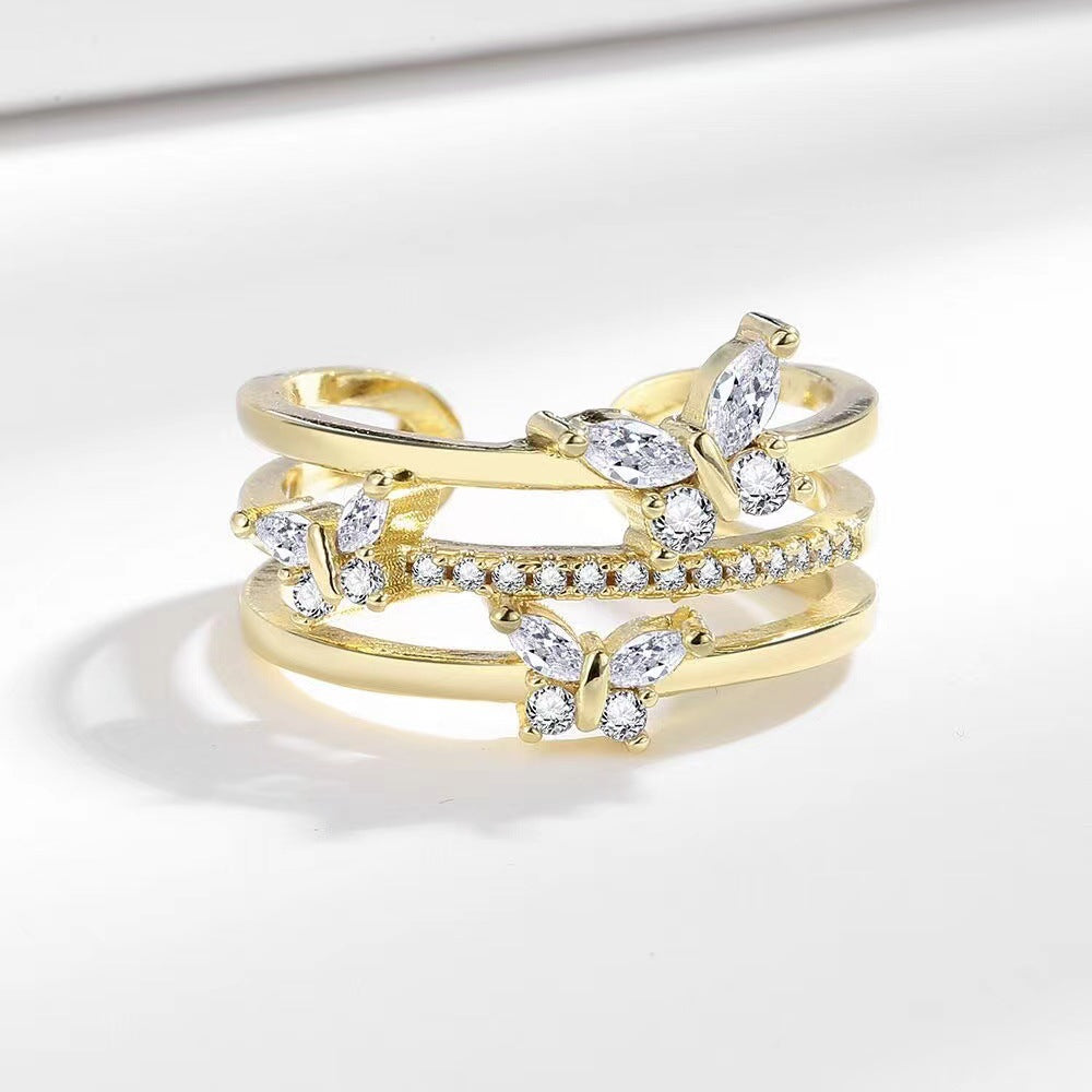 Double Butterfly Super Flash Zircon Ring European And American Fashion